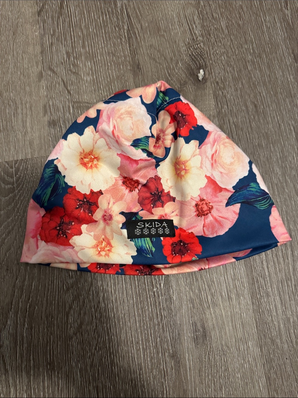 Skida Floral Stretch Beanie - Navy with Pink & Red Flowers